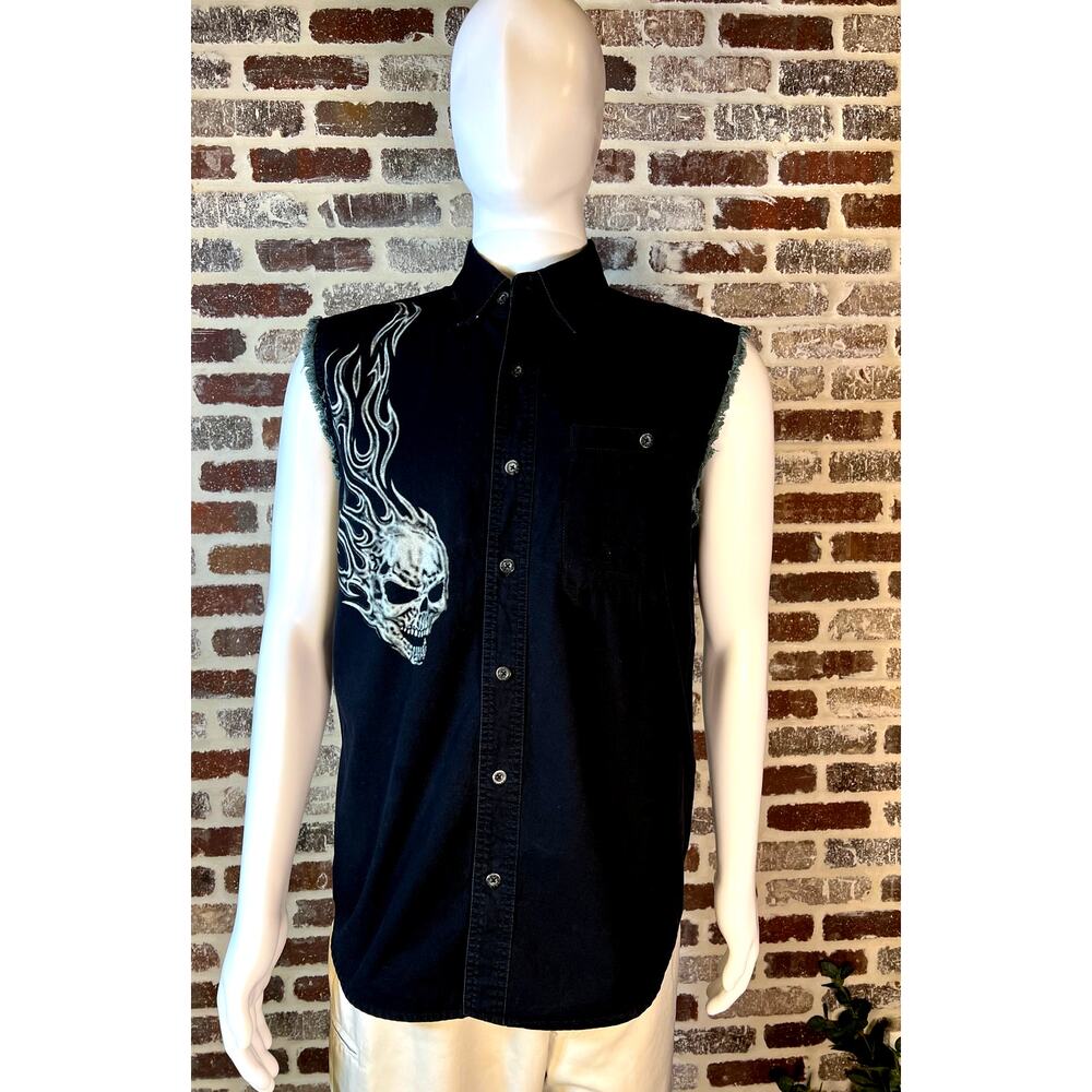Harley Davidson CutOff Collared Shirt Button Down Grunge Skull Flame Mens Size M